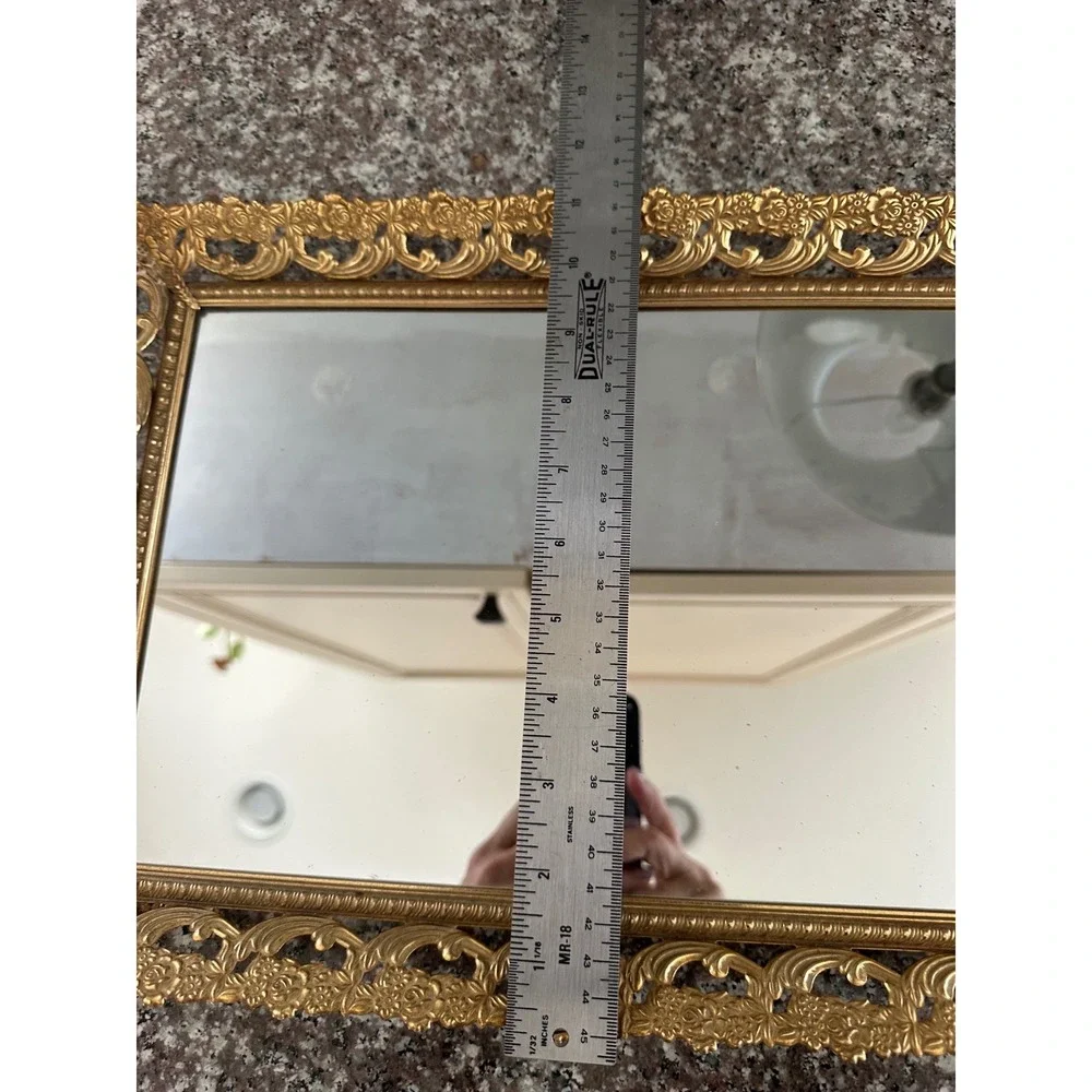 Vintage Ornate Gold Mirrored Vanity Tray Floral Filigree Hollywood Regency 17x11